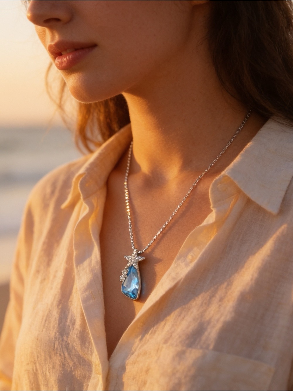 Celestial Blue Teardrop Crystal Star Pendant Necklace